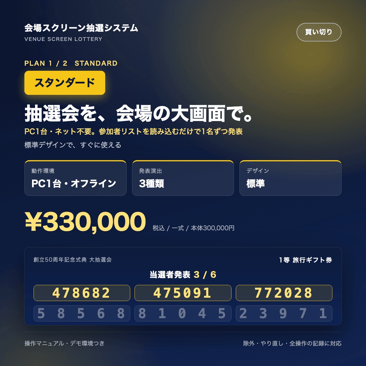 会場スクリーン抽選システム スタンダード|式典・社員総会・周年イベントの抽選会を大画面で(PC1台・オフライン動作・買い切り)
