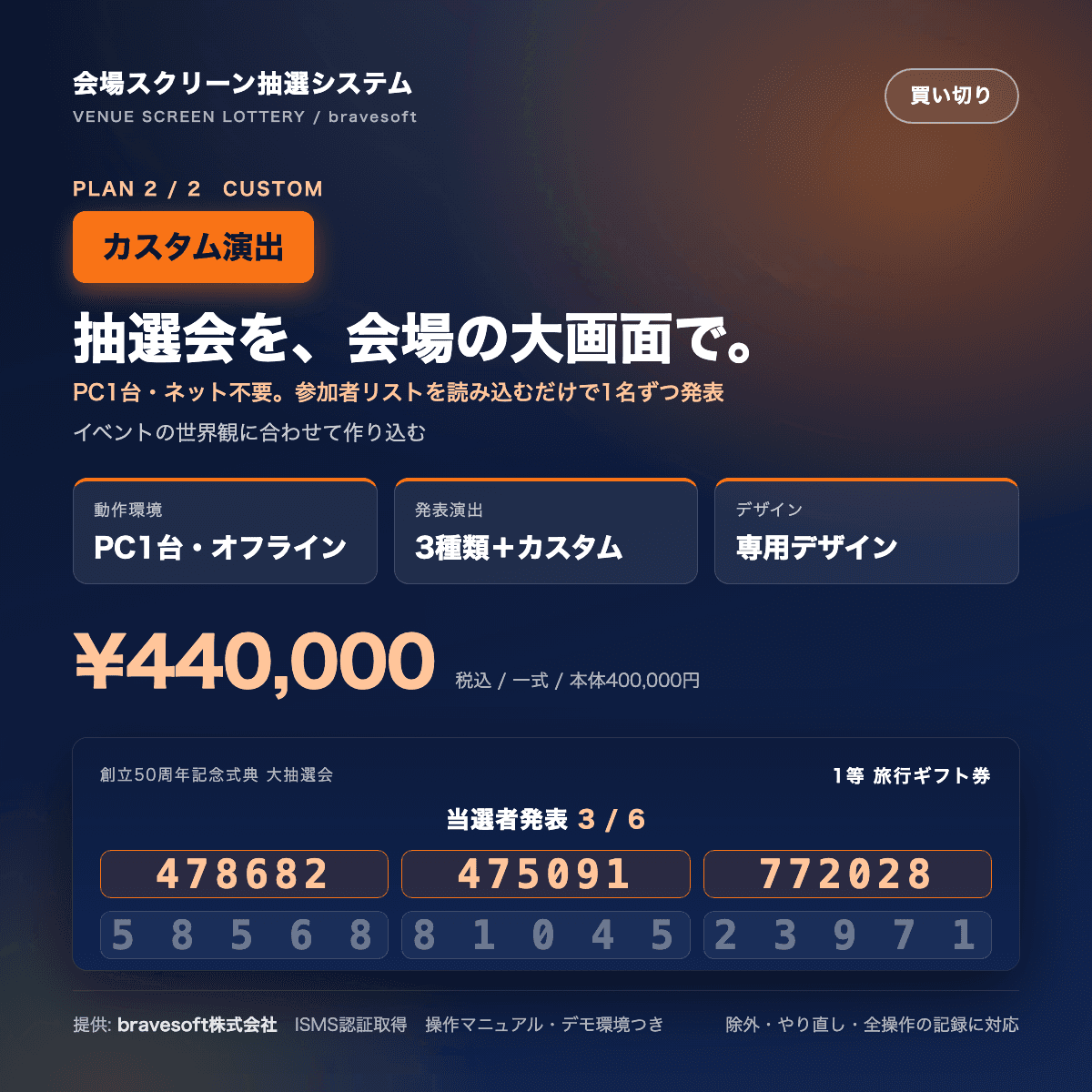 会場スクリーン抽選システム カスタム演出|周年ロゴ・イベントの世界観に合わせた専用デザインと発表演出(PC1台・オフライン動作・買い切り)