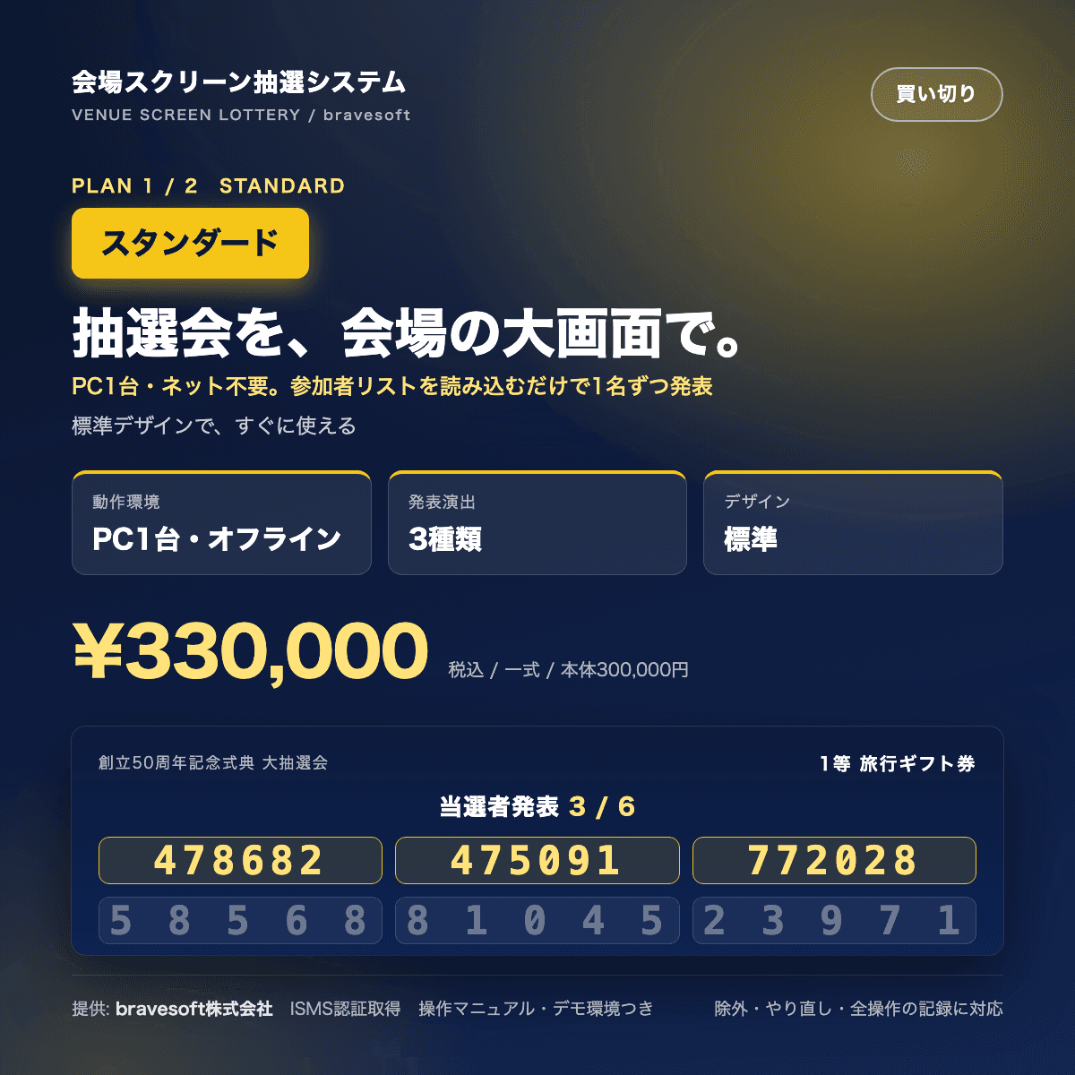 会場スクリーン抽選システム スタンダード|式典・社員総会・周年イベントの抽選会を大画面で(PC1台・オフライン動作・買い切り)