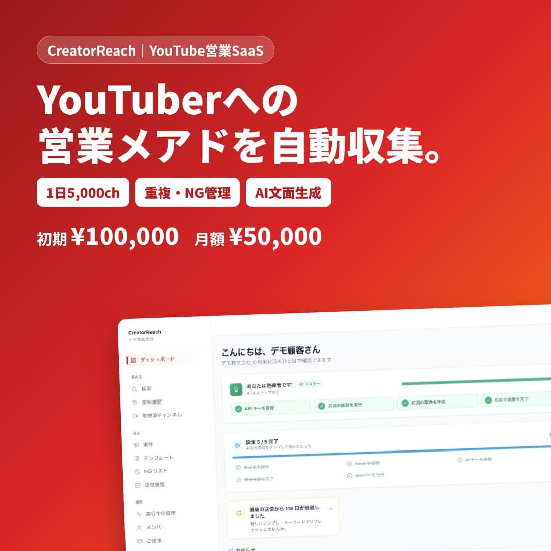 CreatorReach|YouTubeチャンネルから営業先メアドを自動収集・営業メール送信まで一元管理するSaaS