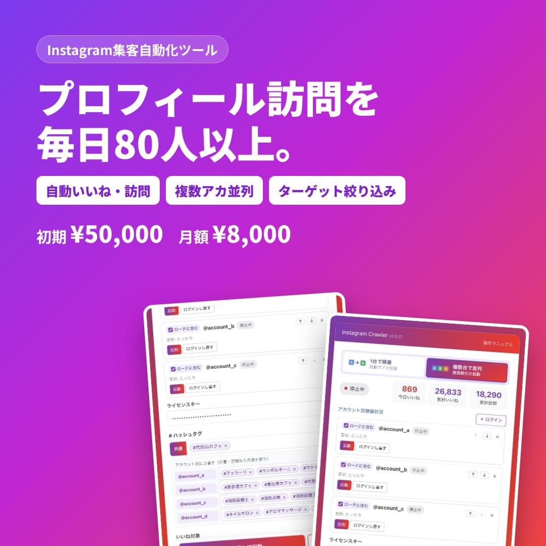 Instagram集客自動化ツール|ハッシュタグ×ターゲット指定で自動いいね・プロフィール訪問を増やす